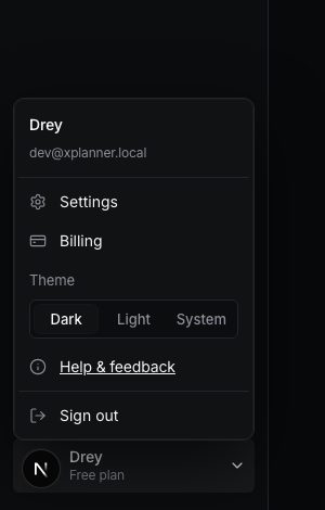 The account menu: settings, billing, theme, help and sign out.