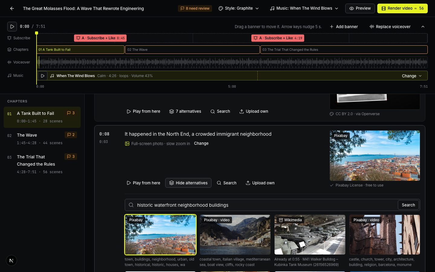 Alternatives under a scene, with the source and license of each frame.