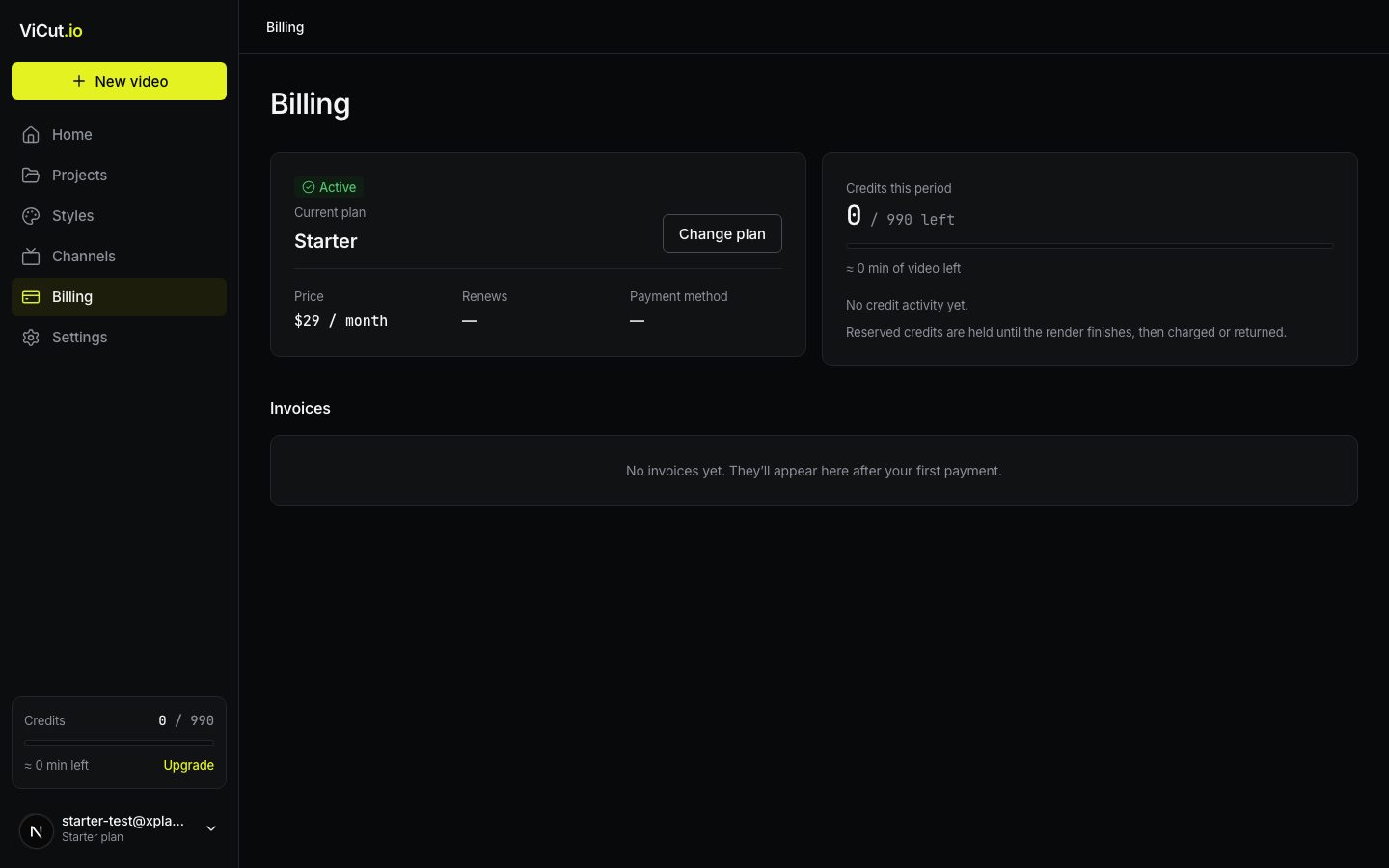 Billing: the plan, credits this period and recent activity.