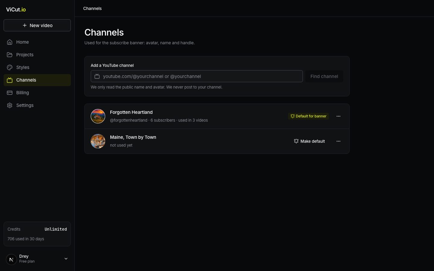 The channel list with the default channel for the banner.