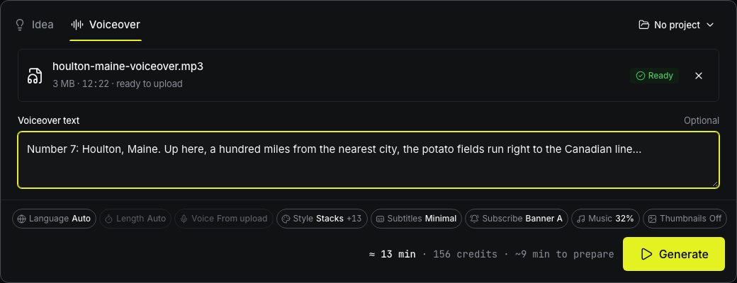Voiceover mode: the file is checked before upload and shows its length.