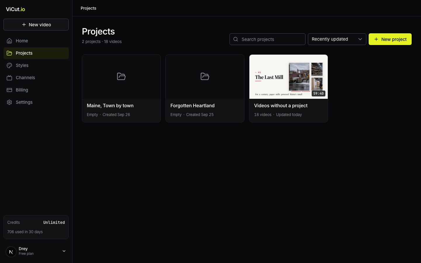 Projects with their video counts.