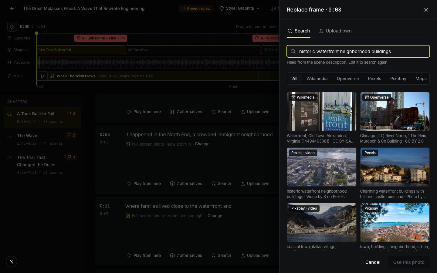 The Replace frame panel: search, sources and results.