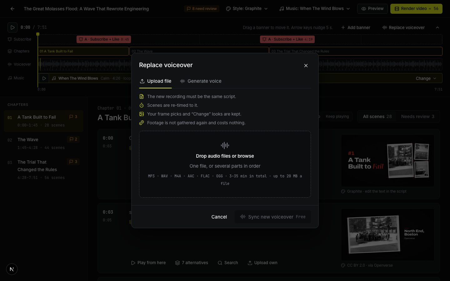 Replace voiceover: upload a new recording or generate a new voice.