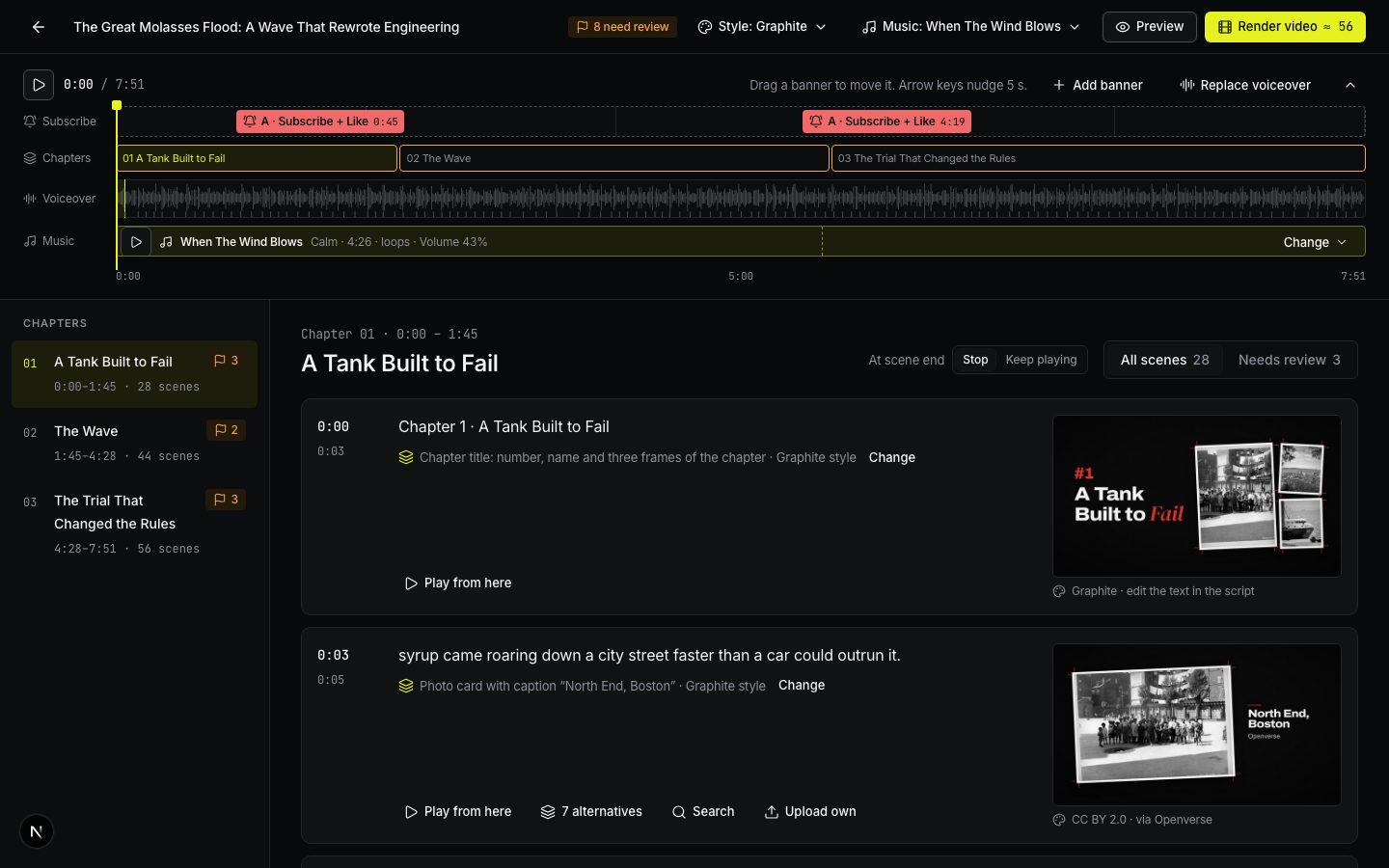 The storyboard: the timeline at the top, chapters on the left, scenes in the middle.