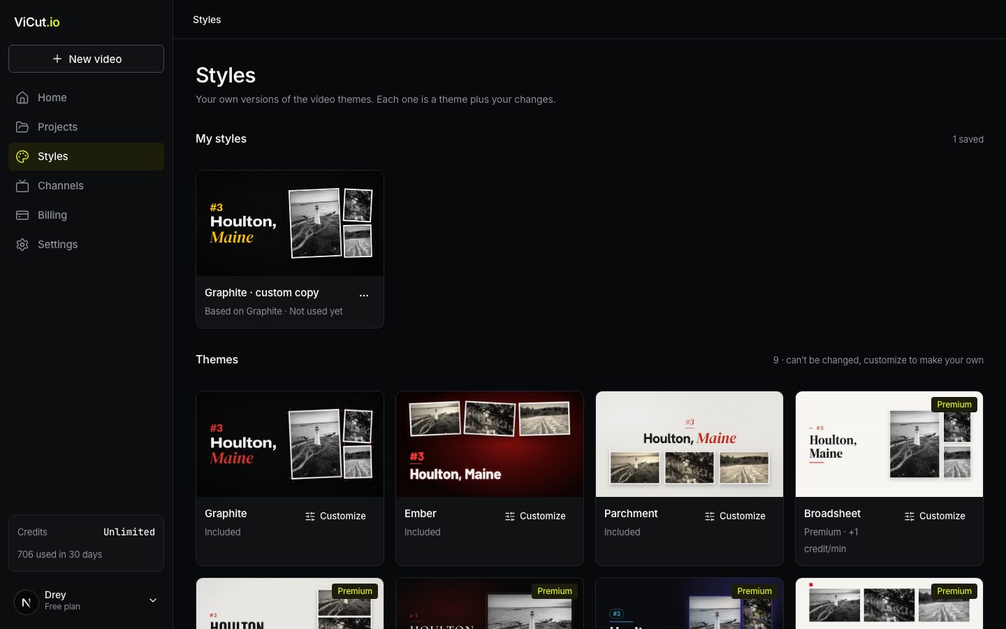 Themes on the Styles page, marked Included or Premium.