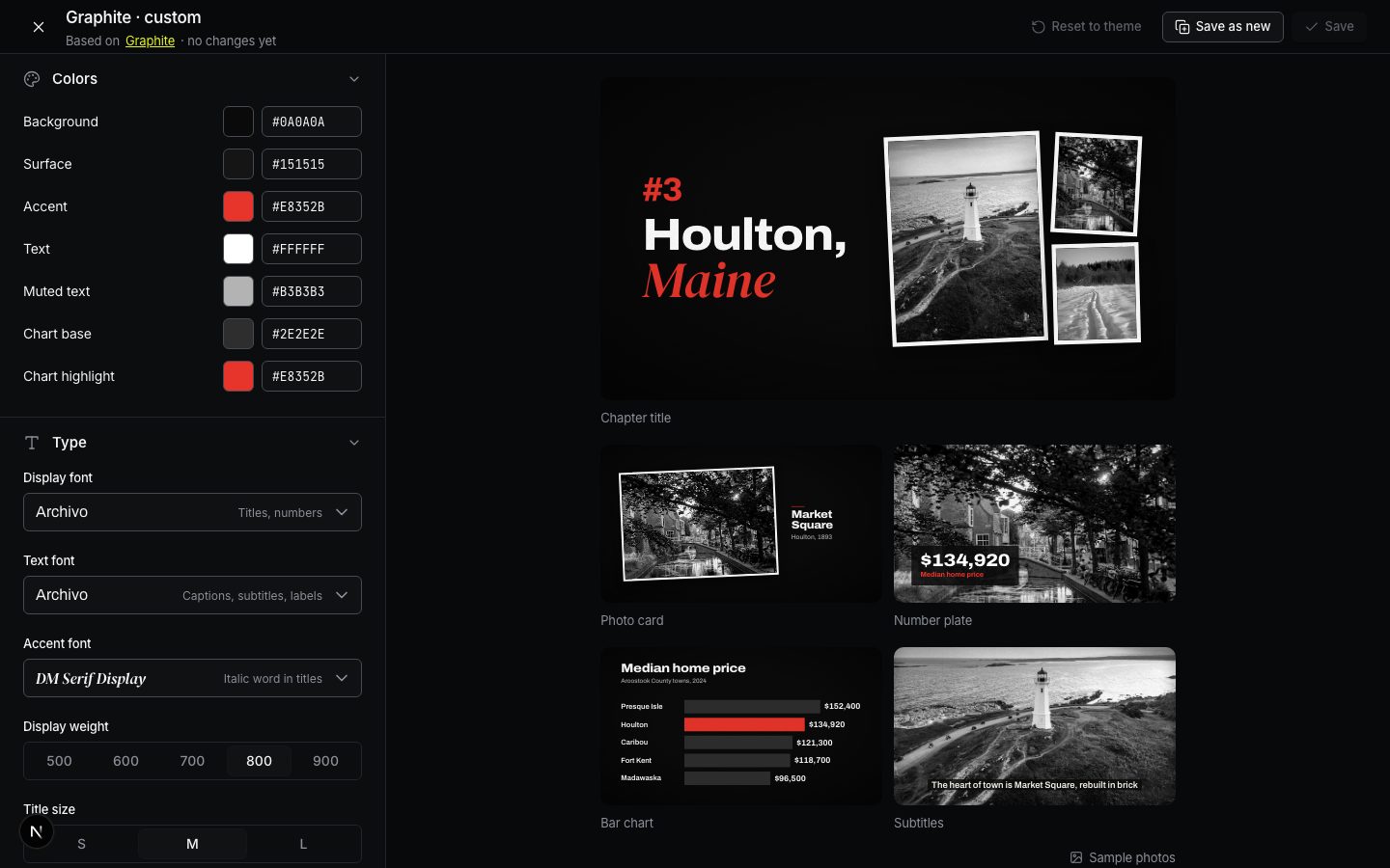 The theme editor: settings on the left, live previews on the right.