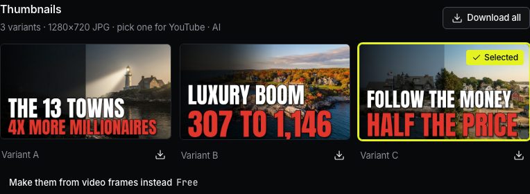 Three thumbnail variants and the YouTube feed preview.