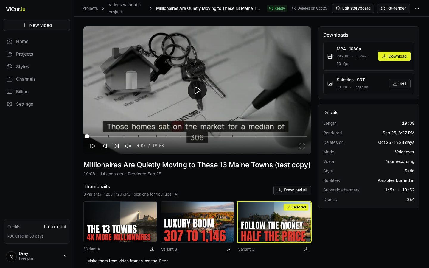 The finished video page: the player, thumbnails and YouTube details on the left, downloads and details on the right.