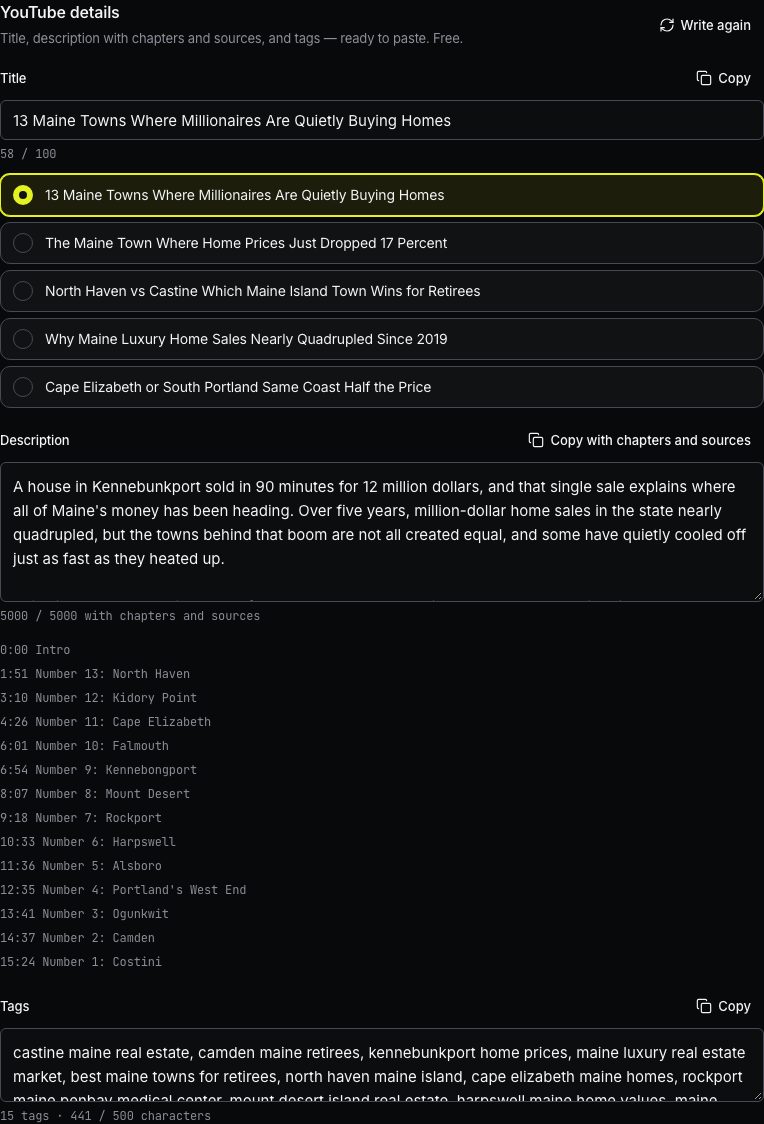 YouTube details: titles, description with chapters and tags.