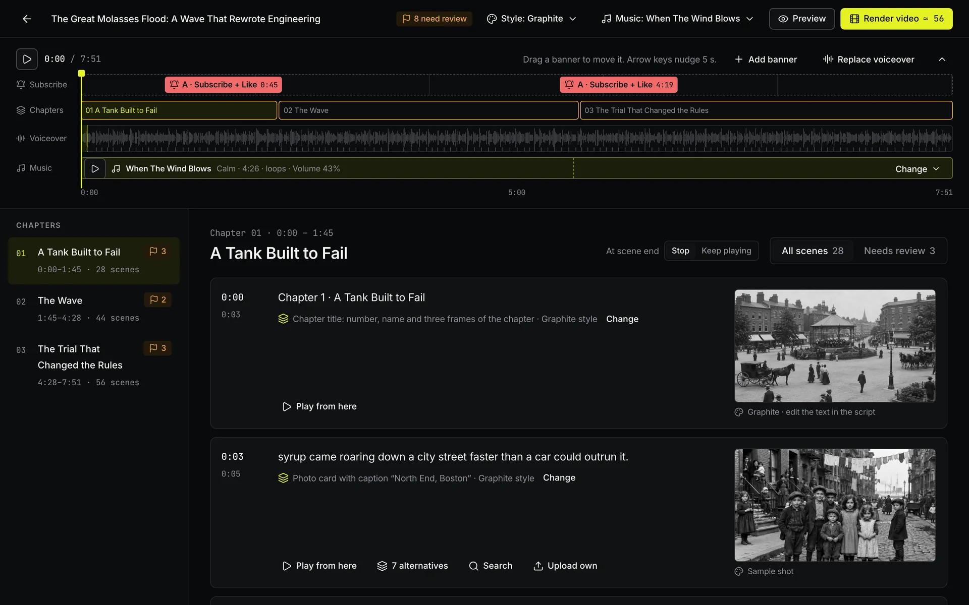 Storyboard with timeline, chapters and scenes
