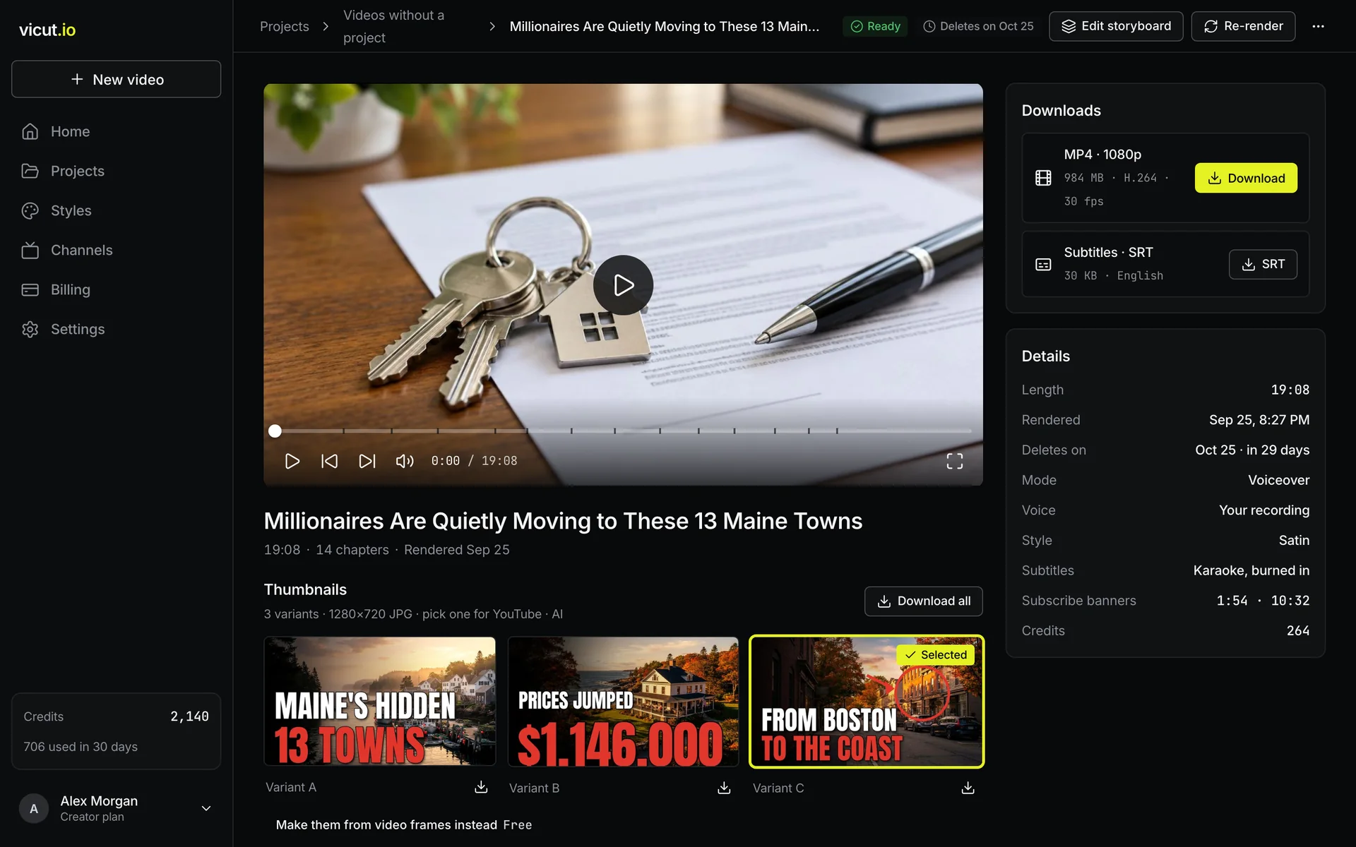 Finished video page with downloads and thumbnails